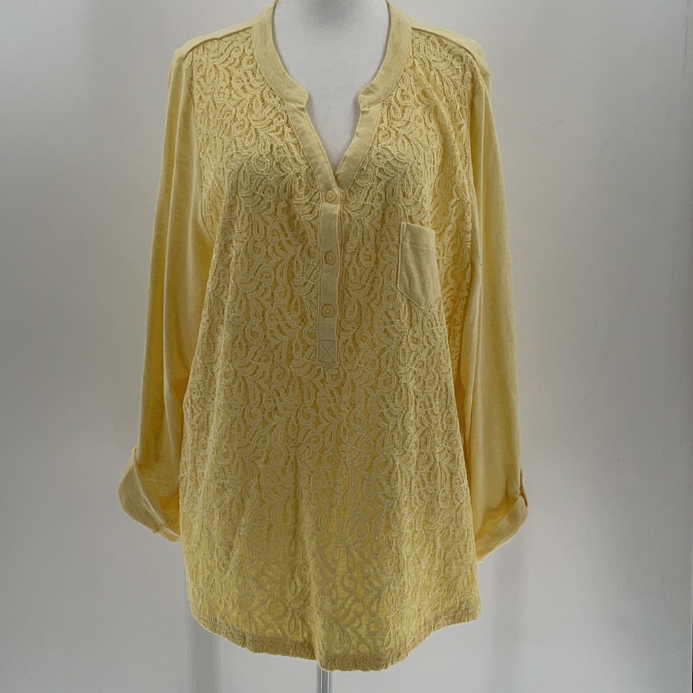 Nine West Women's Yellow Popover  Long Sleeve Blouse Lace Overlay Size XXL